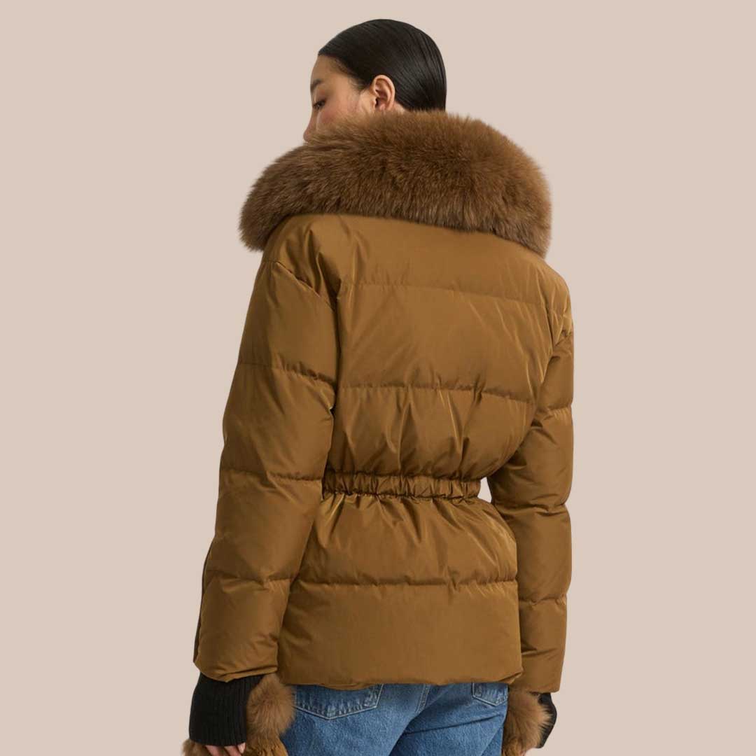 Women's Brown Down Parka Jacket with Fur Trim Winter Puffer Coat Water Resistant