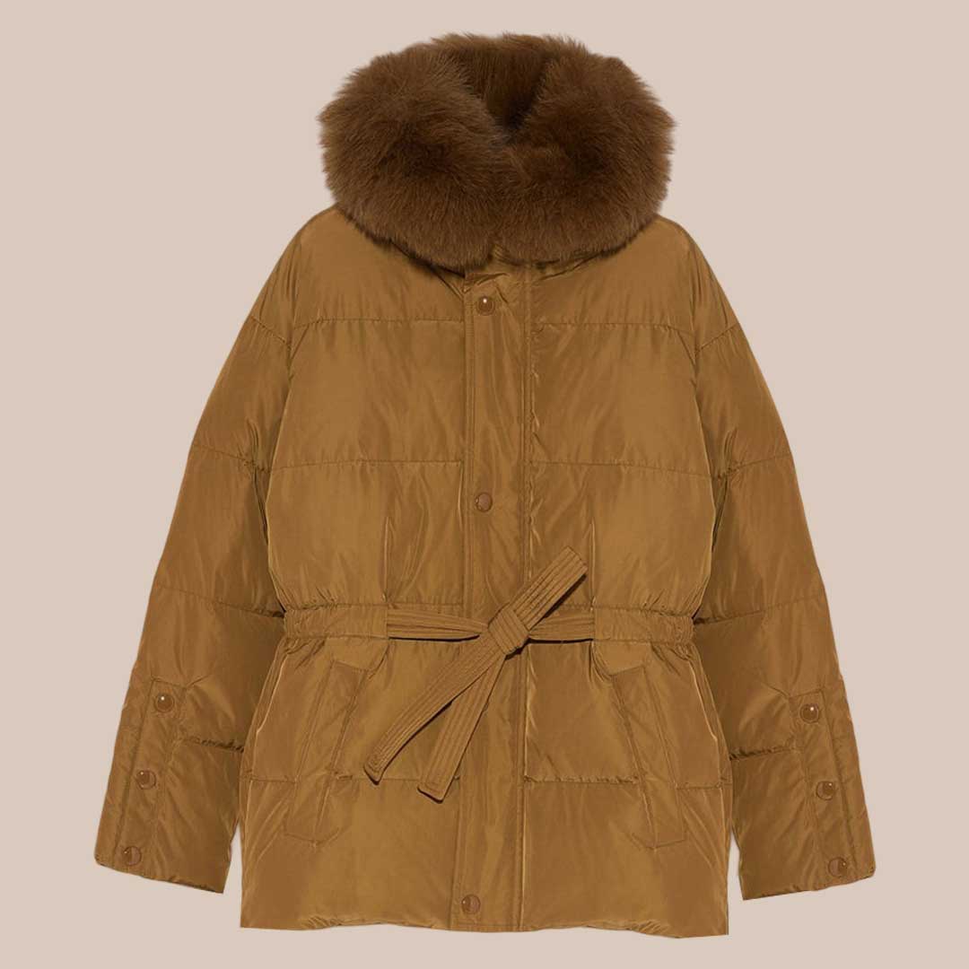 Women's Brown Down Parka Jacket with Fur Trim Winter Puffer Coat Water Resistant