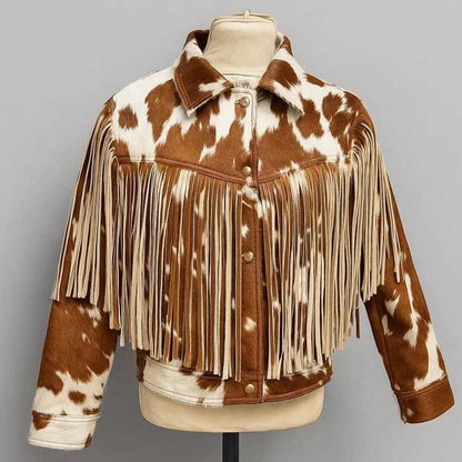 Handmade women's brown hair-on leather jacket with personalized embroidery
