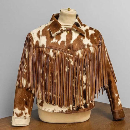 Women's handmade brown hair-on cowhide leather jacket