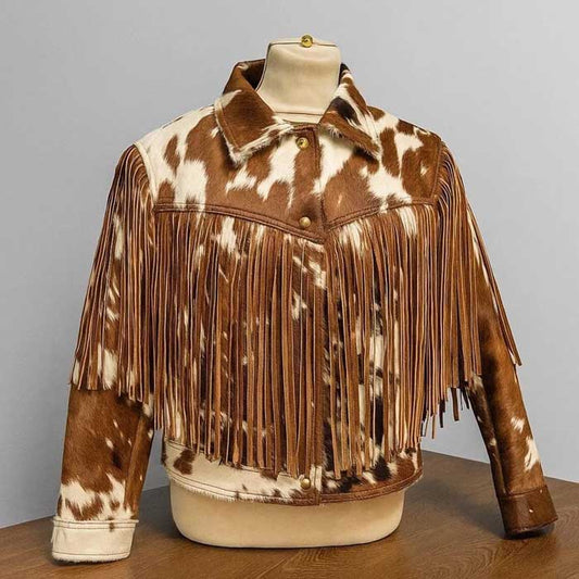 Women's handmade brown hair-on cowhide leather jacket
