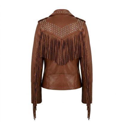 Back detail of brown leather biker jacket women with western fringe