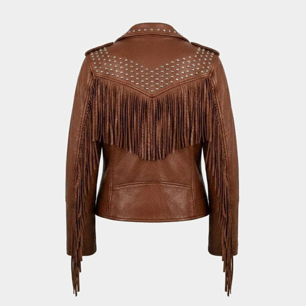 Women Brown Fringe Studded Leather Biker Jacket Slim Fit Moto Style