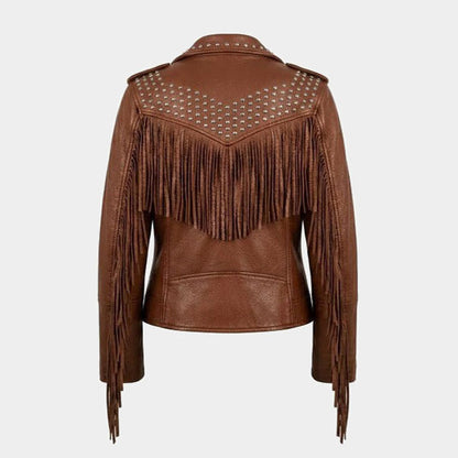 Women Brown Fringe Studded Leather Biker Jacket Slim Fit Moto Style