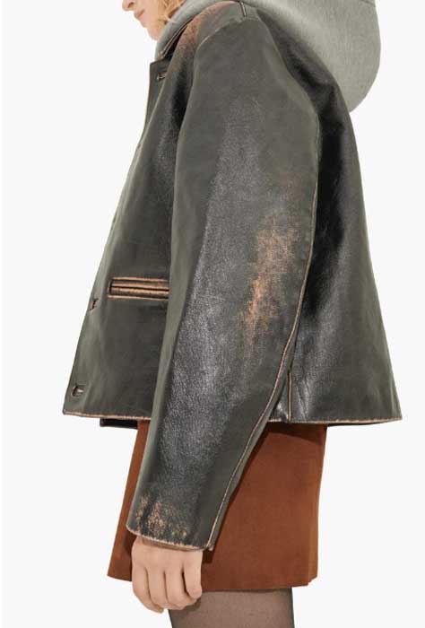 Classic women's black leather jacket with distressed finish