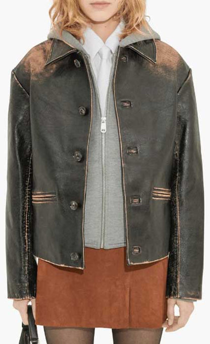 Women’s classic black distressed leather jacket