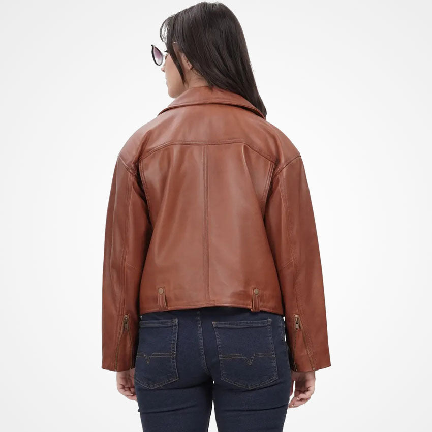 Women's Cognac Brown Oversized Biker Leather Jacket