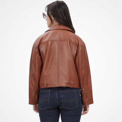 Women's Cognac Brown Oversized Biker Leather Jacket