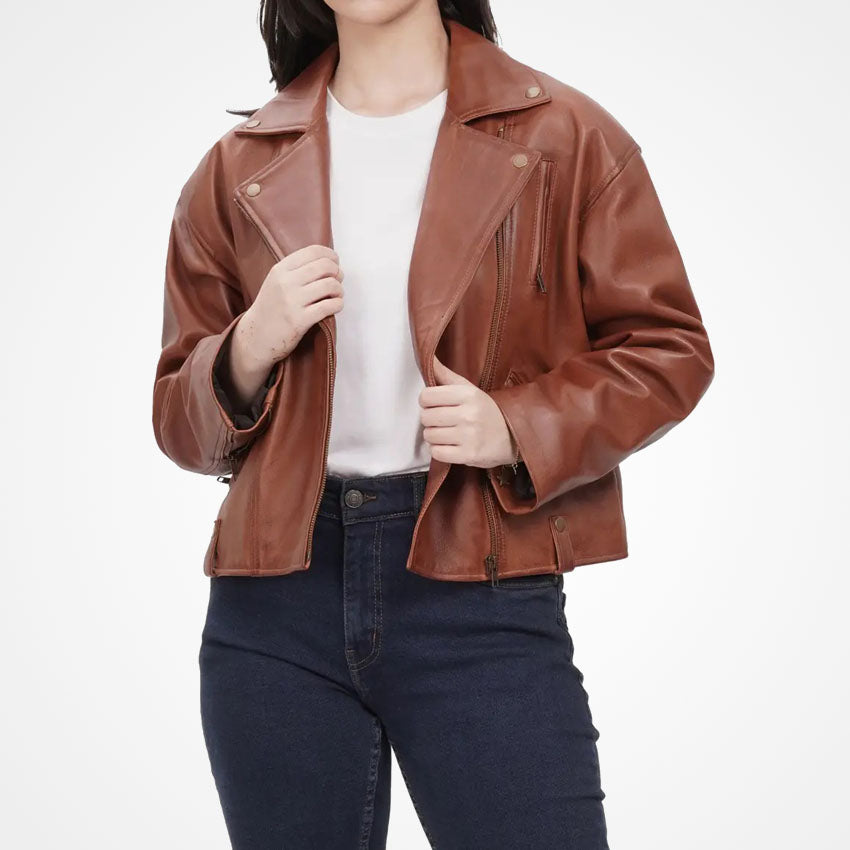 Women's Cognac Brown Oversized Biker Leather Jacket