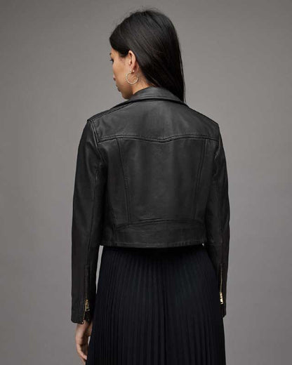 Women's sheepskin biker jacket with notch collar and snap button