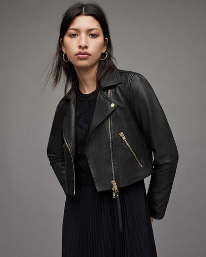 Black cropped women's leather jacket with gold-tone zippers