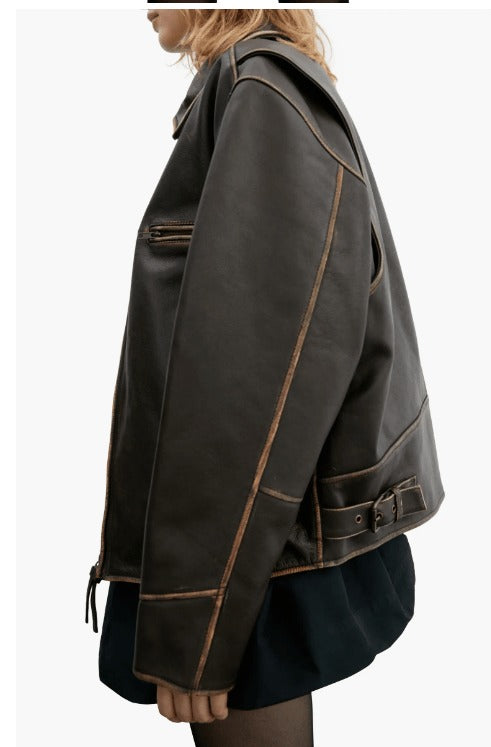 Distressed brown leather jacket for women