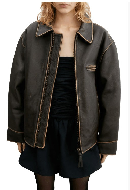 Women's dark brown distressed vintage leather jacket