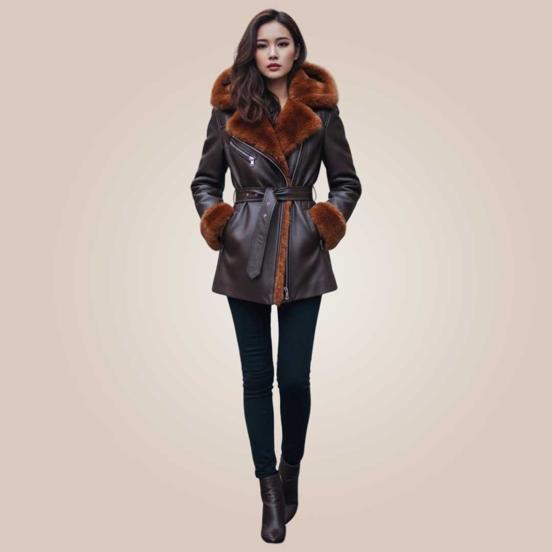 womens dark brown leather shearling aviator coat