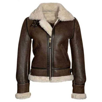 Women's dark brown sheepskin fur bomber leather jacket
