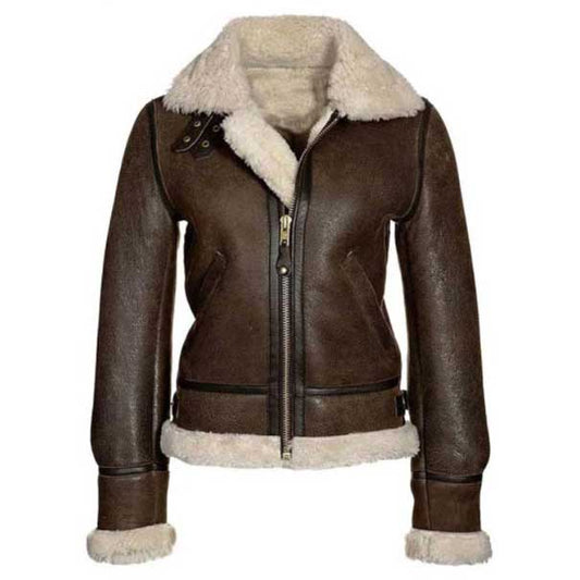 Women's dark brown sheepskin fur bomber leather jacket