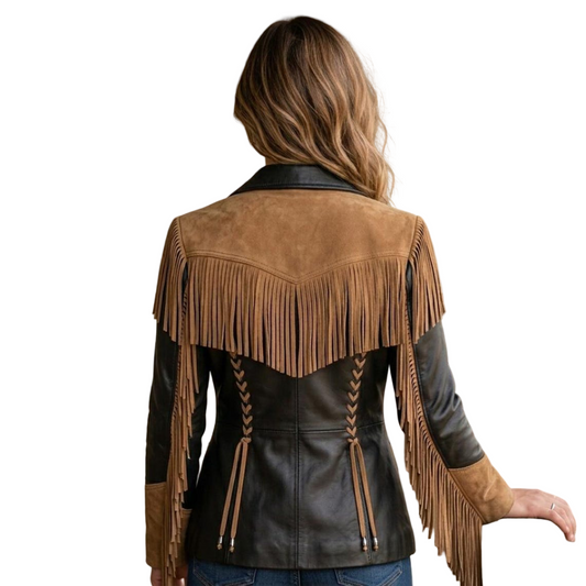 Back detail of women’s fringe leather jacket with flowing fringe design