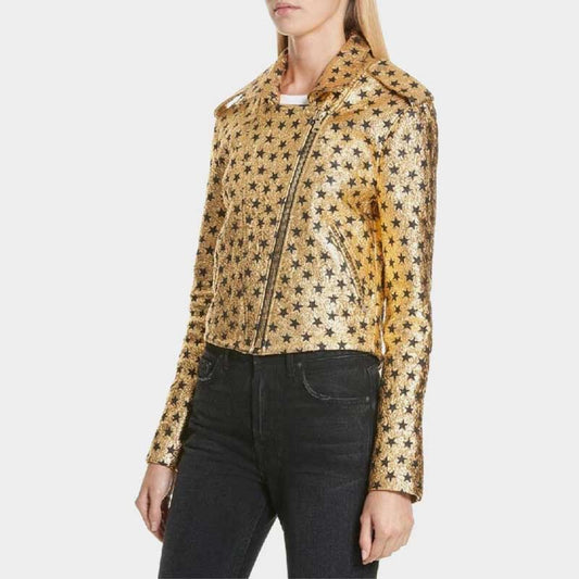 Women's Gold Metallic Leather Biker Jacket