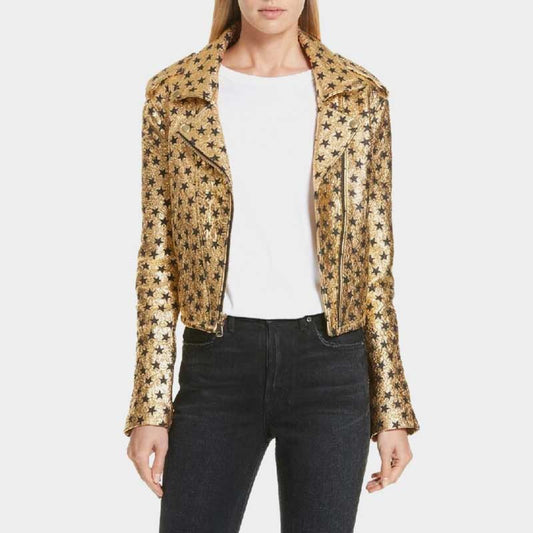 Women's Gold Metallic Leather Biker Jacket