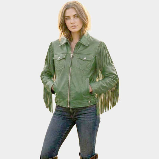 Women’s Green Leather Fringe Jacket Western Moto Style