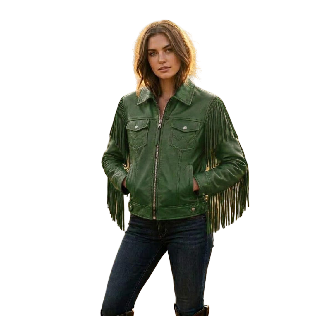 Front view of women green leather fringe jacket western moto style