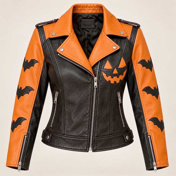 Black orange women's leather biker jacket with bat sleeve appliques