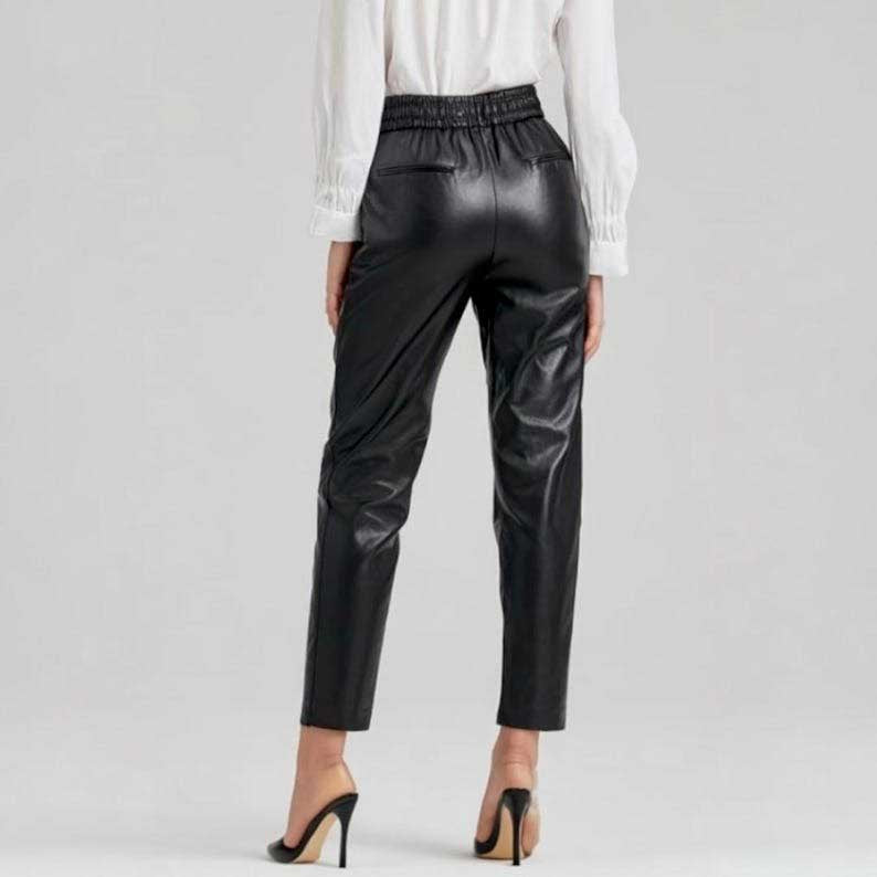 Women’s High-Waisted Slim Fit Lambskin Leather Pants in Black – Premium Genuine Leather Trousers for Stylish Elegant Look