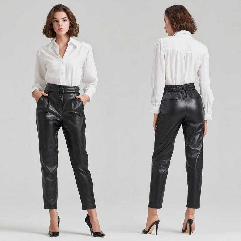 Women’s High-Waisted Slim Fit Lambskin Leather Pants in Black – Premium Genuine Leather Trousers for Stylish Elegant Look