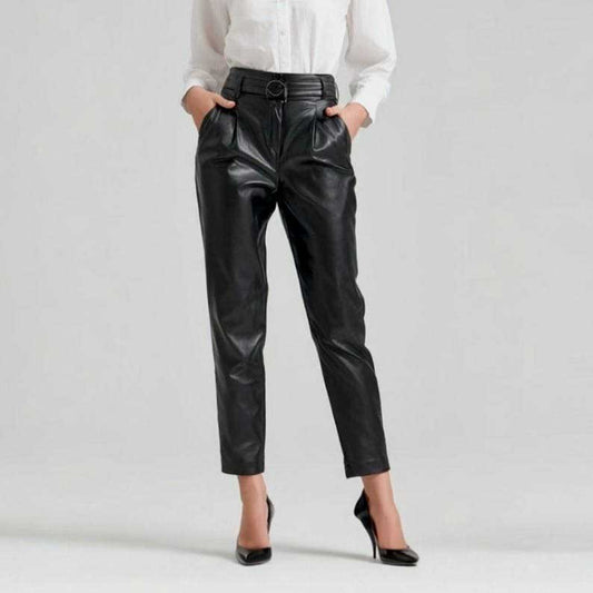 Women’s High-Waisted Slim Fit Lambskin Leather Pants in Black – Premium Genuine Leather Trousers for Stylish Elegant Look