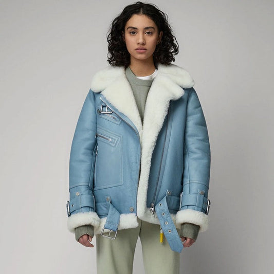 Women's light blue B3 sheepskin shearling aviator jacket