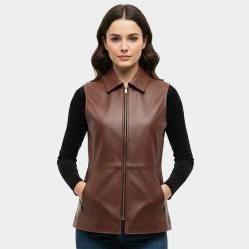 Women's Mahogany Sheepskin Leather Tailored Vest with Zipper