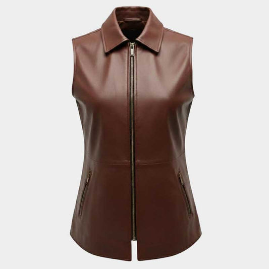 Women's Mahogany Sheepskin Leather Tailored Vest with Zipper