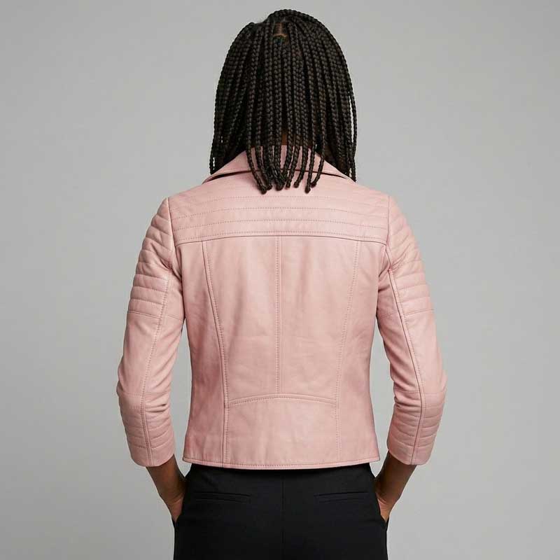 Pink women's leather jacket featuring an asymmetric front zipper