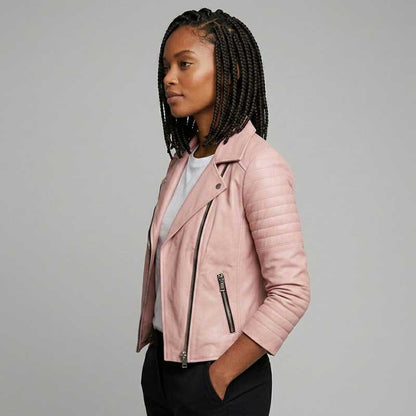 Women's pink biker jacket with a structured shoulder and waist fit
