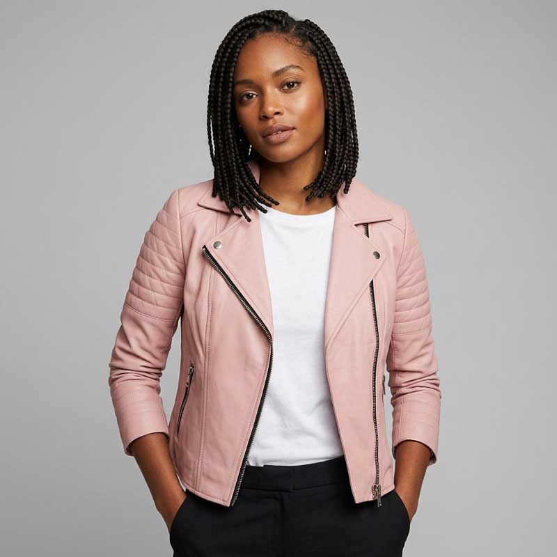 Women's pink genuine leather biker jacket with a classic moto silhouette