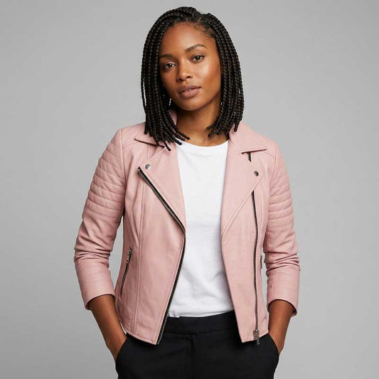 Women's pink genuine leather biker jacket with a classic moto silhouette