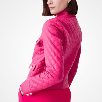 Women's Pink Quilted Trucker Leather Jacket