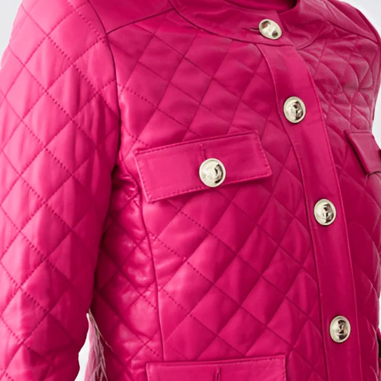 Women's Pink Quilted Trucker Leather Jacket