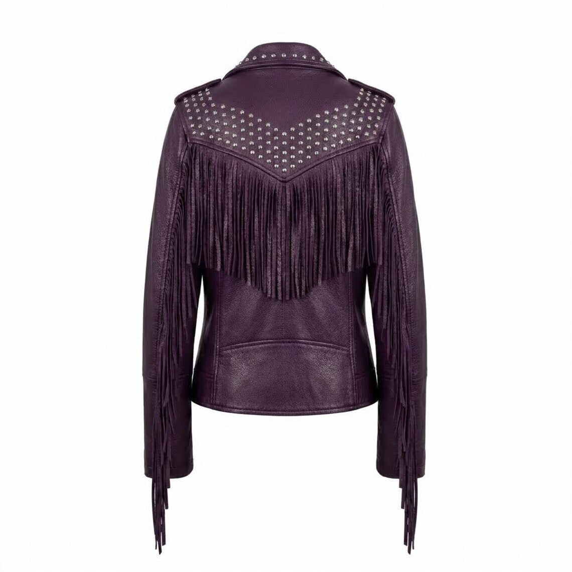 Back view of women’s purple leather biker jacket with western fringe detail