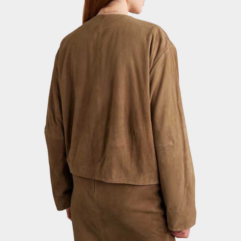 Womens Real Suede Jacket with Concealed Button Fastening Collarless Relaxed Fit