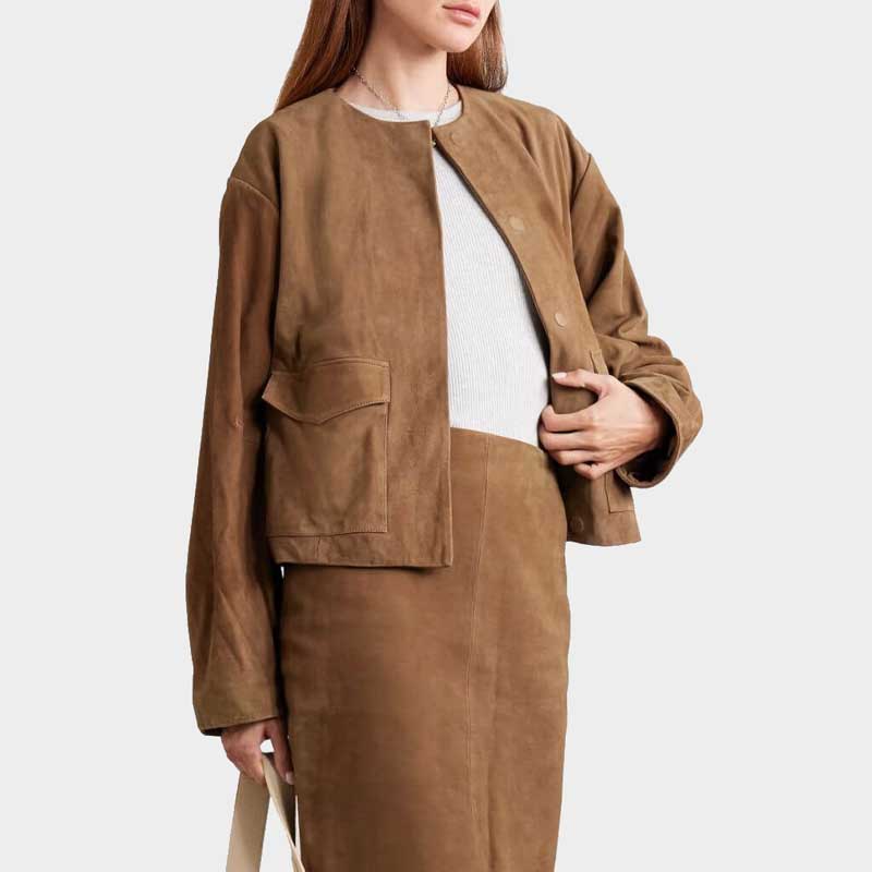 Womens Real Suede Jacket with Concealed Button Fastening Collarless Relaxed Fit