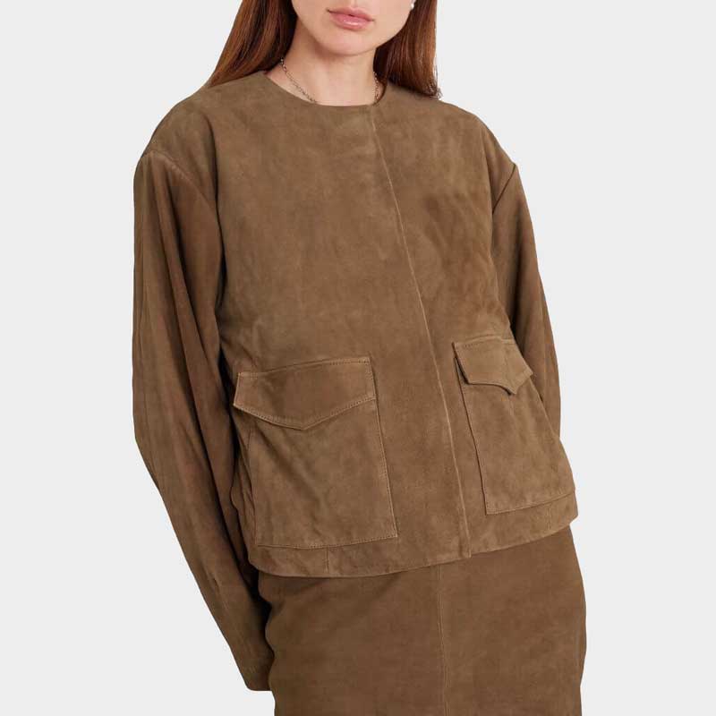 Womens Real Suede Jacket with Concealed Button Fastening Collarless Relaxed Fit