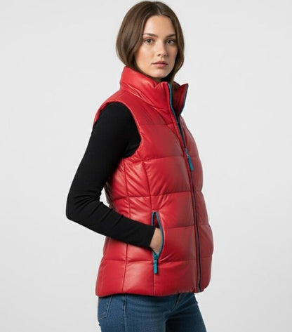 Genuine Lambskin Red Puffer Vest with Teal Zippers