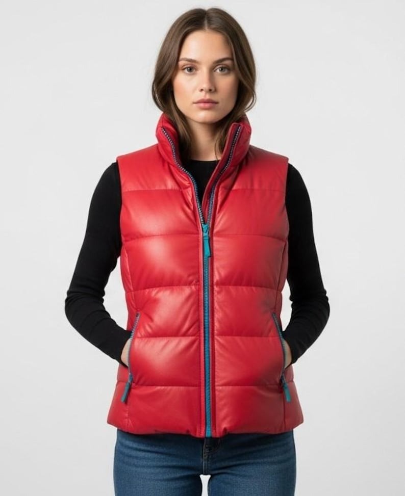 Women's Red Lambskin Leather Puffer Vest