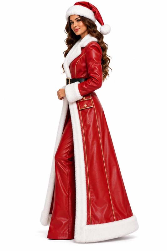 Red longline Santa coat with adjustable black waist belt