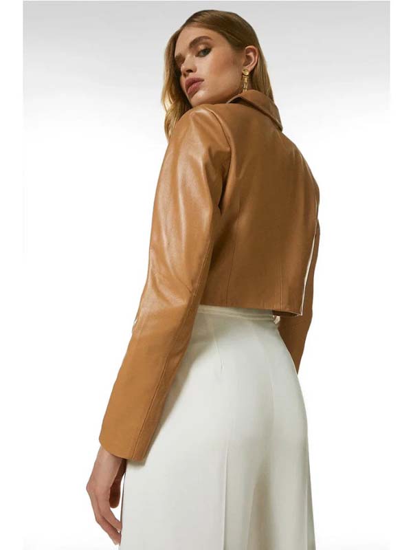 Tan beige women's leather blazer with a tailored silhouette