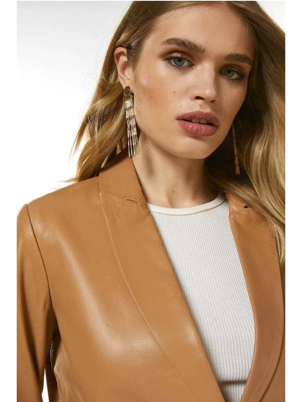 Women's tan beige leather blazer with a single-breasted design