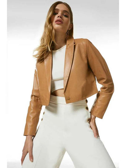 Women's tan beige sheepskin leather cropped blazer