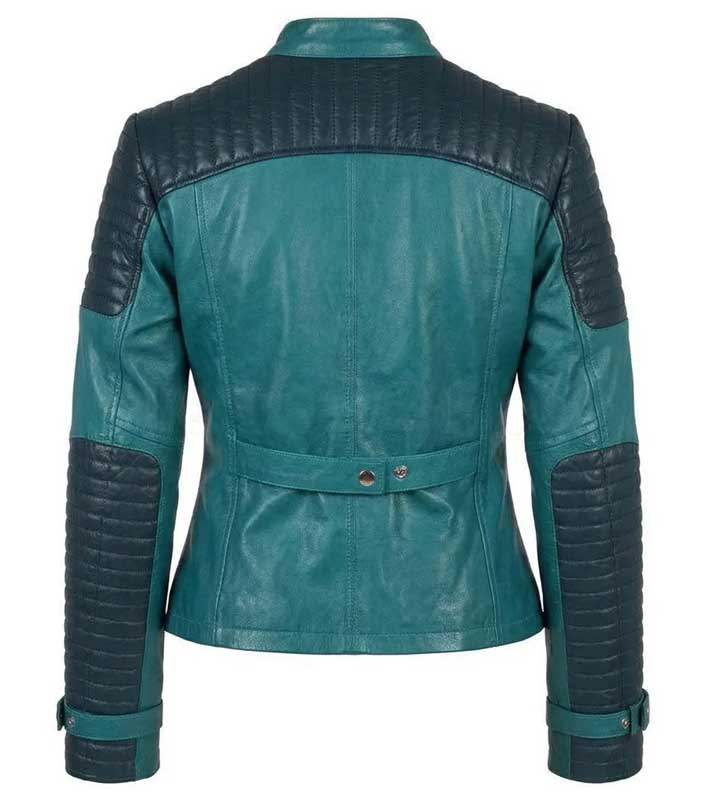 Teal real leather jacket featuring adjustable snap-button wrist straps.