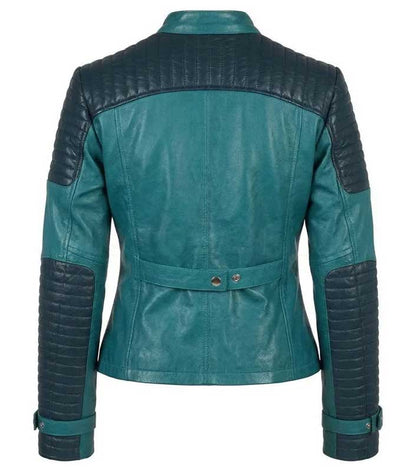 Teal real leather jacket featuring adjustable snap-button wrist straps.